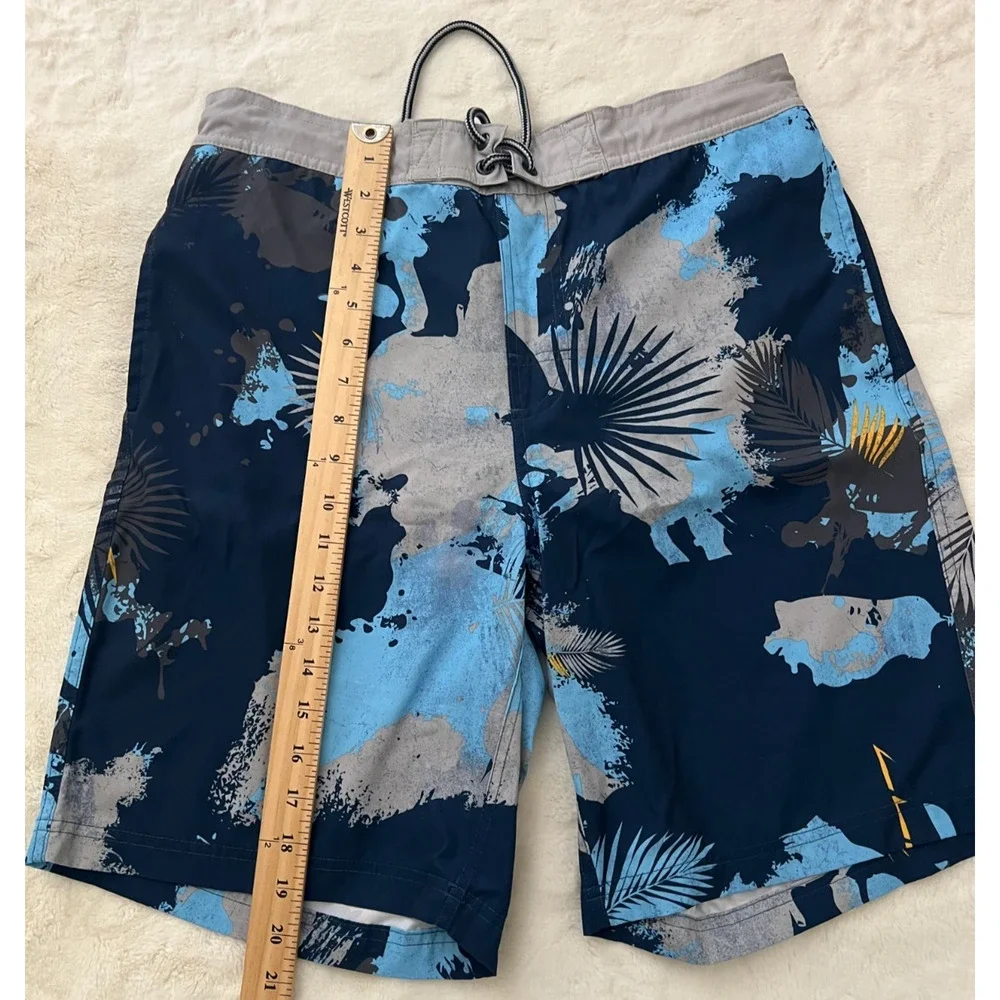 George Mens Swim Trunks Medium 32-34 Blue Gray Tropical Board Shorts Drawstring